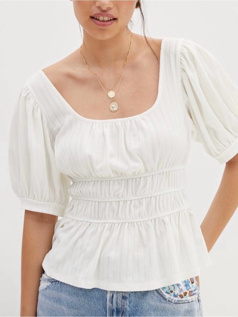 Anthropologie Maeve White Puff-Sleeve Smocked Waist Top
